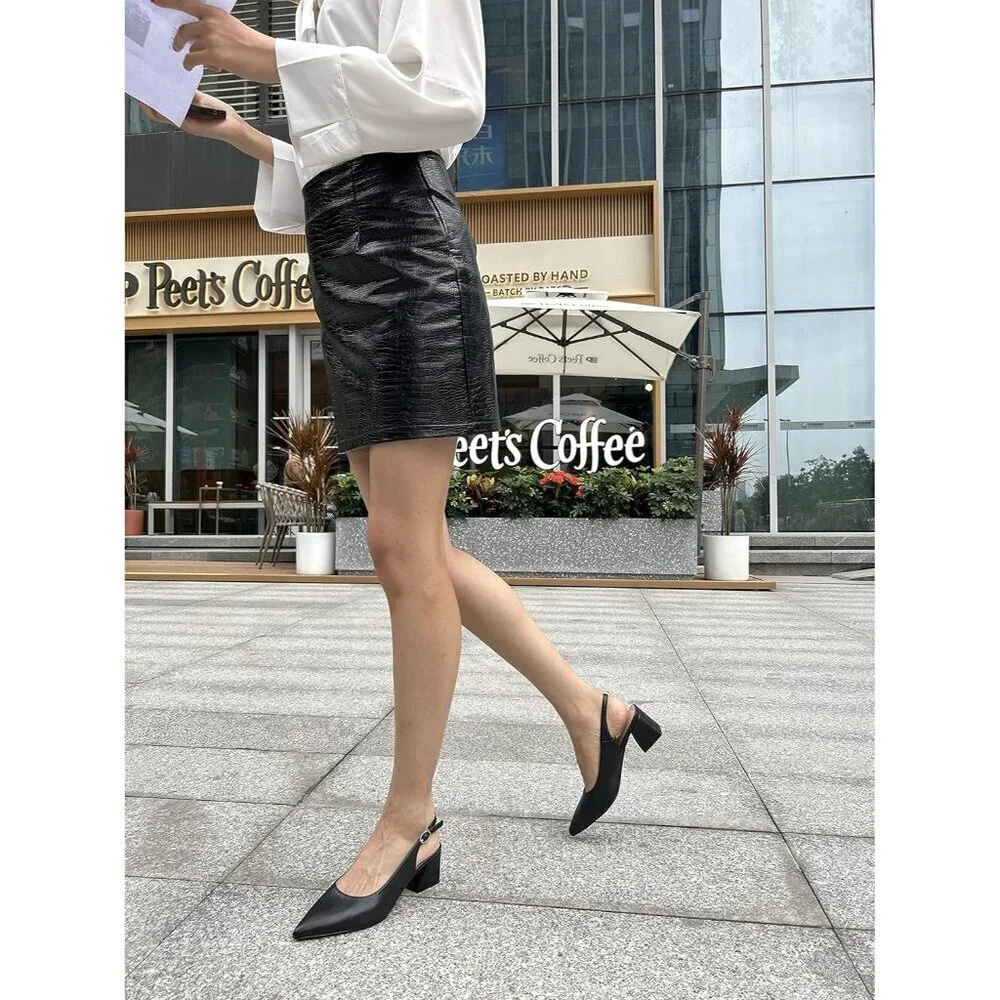 Women Slingback Black Toe Block Heel Pump Low Heel Office Wedding Dress Shoes